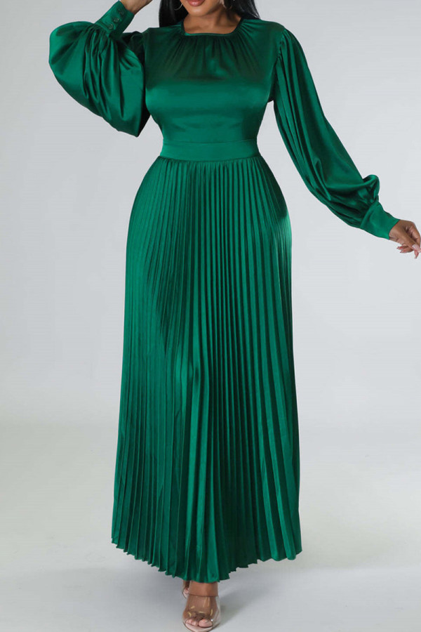 Robes plissées vert foncé, décontractées, couleur unie, col rond, manches longues (sans ceinture)