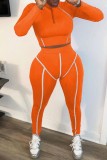 Orange Lässige Sportbekleidung Solide Patchwork Reißverschlusskragen Langarm Zweiteiler