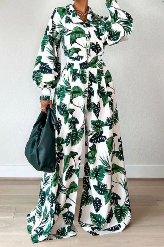 Green Casual Print Patchwork Turndown Collar Long Sleeve Two Pieces