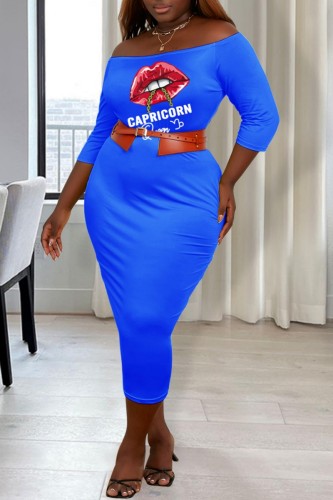 Blue Red Casual Print Basic Off the Shoulder Wrapped Skirt Plus Size Dresses (Without Belt)