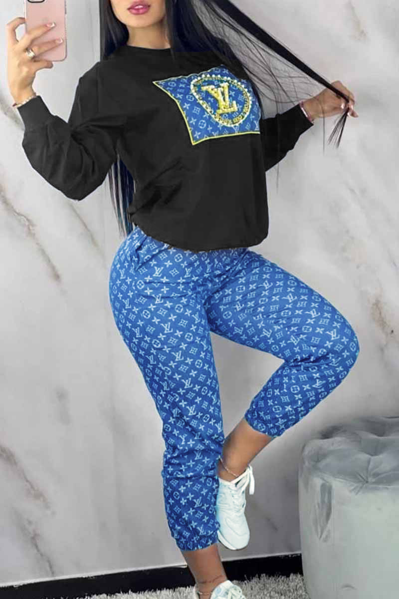 

Blue Casual Print Letter O Neck Long Sleeve Two Pieces