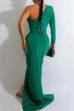 Groene sexy effen patchwork vouw schuine kraag lange jurk jurken