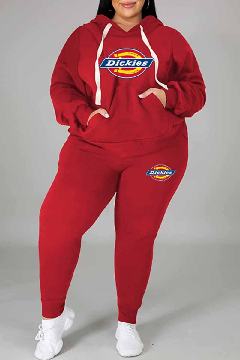 

Red Casual Print Letter Hooded Collar Plus Size Two Pieces