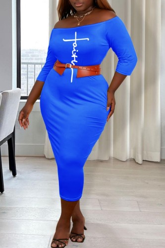 Blue Casual Print Basic Off the Shoulder Wrapped Skirt Plus Size Dresses (Without Belt)