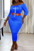 Синий Повседневный принт Базовая юбка с открытыми плечами и запахом Платья больших размеров (без пояса)