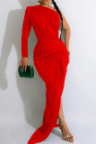Vestido largo de cuello oblicuo con pliegues de patchwork sólido sexy rojo Vestidos