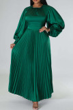 Vestidos plissados ​​verde escuro casual patchwork sólido gola O decote (sem cinto)