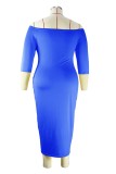 Blåvitt Casual Print Basic Off the Shoulder-omslagen kjol Plus Size-klänningar (utan bälte)