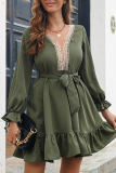 グリーン ファッション ソリッド パッチワーク V ネック ケーキ スカート ドレス