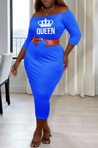Blue White Casual Print Basic Off the Shoulder Wrapped Skirt Plus Size Dresses (Without Belt)