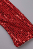 Röda sexiga lapptäcken paljetter O-hals långärmad två delar