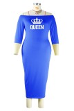 Kleur Blauw Casual Print Basic Off-the-shoulder wikkelrok Grote maten jurken (zonder riem)