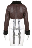 Brown Sexy Street Solid Patchwork Buckle Feathers Asymmetrical Outerwear