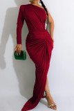 Red Sexy Solid Patchwork Fold Oblique Collar Long Dress Dresses