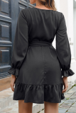 Black Fashion Solid Patchwork V Neck Cake Skirt Dresses