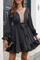 ブラック ファッション ソリッド パッチワーク V ネック ケーキ スカート ドレス