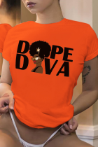 T-shirt con collo a lettera O patchwork con stampa vintage giornaliera arancione