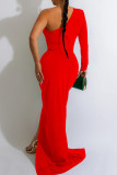 Красное сексуальное однотонное длинное платье в стиле пэчворк с косым воротником