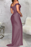 Бордовое элегантное однотонное лоскутное вечернее платье с разрезом и V-образным вырезом Платья
