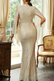 Gold Elegant Solid Pailletten Patchwork O Neck Abendkleid Kleider