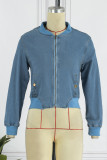 Light Blue Street Solid Patchwork Zipper Collar Long Sleeve Harlan Cropped Denim Jacket