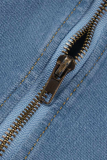 Light Blue Street Solid Patchwork Zipper Collar Long Sleeve Harlan Cropped Denim Jacket