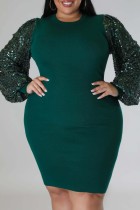 Tinta verde casual patchwork lentejuelas medio cuello alto manga larga vestidos de talla grande