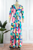 Vestidos saia multicolorido com estampa de patchwork decote em v e cintura