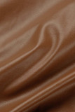 Casaco casual marrom patchwork sólido com zíper e gola redonda