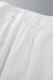 Patchwork Casual Branco com Cinto Alto Cintura Reta Parte de Baixo Cor Sólida