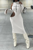 ホワイト セクシー ストリート プリント くり抜き パッチワーク 非対称 タートルネック ペンシル スカート ドレス