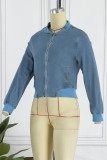 Deep Blue Street Solid Patchwork Zipper Collar Long Sleeve Harlan Cropped Denim Jacket