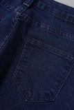 Dunkelblaue, lässige, solide Patchwork-Röhrenjeans mit hoher Taille