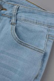 Babyblauwe casual effen gescheurde regular denim jeans met hoge taille