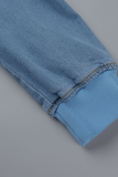 Ljusblå Street Solid Patchwork Dragkedja Krage Långärmad Harlan jeansjacka