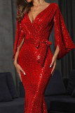 Vestido de noche con cuello en V de patchwork de lentejuelas de vendaje sólido elegante rojo Vestidos