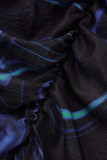 Azul elegante estampa patchwork transparente meia manga longa gola alta duas peças