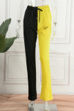 Черные желтые повседневные брюки с высокой талией в стиле пэчворк и контрастом