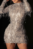 Абрикосовые сексуальные однотонные платья-карандаш с кисточками и блестками в стиле пэчворк с круглым вырезом