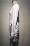 Белое сексуальное сплошное лоскутное прозрачное платье-юбка-карандаш с круглым вырезом и перьями