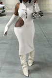 ホワイト セクシー ストリート プリント くり抜き パッチワーク 非対称 タートルネック ペンシル スカート ドレス