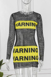 Black Sexy Casual Letter Patchwork Hollowed Out See-through O Neck Long Sleeve Dresses