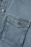 Голубая повседневная однотонная джинсовая куртка в стиле пэчворк с отложным воротником и длинными рукавами