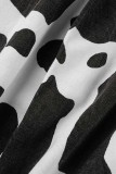 Zwarte en witte rechte spijkerbroek met patchwork, hoge taille en casual print
