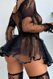 Lingerie noire sexy en patchwork uni avec perles transparentes