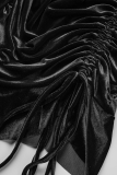 ブラック ストリート ソリッド ドローストリング フォールド ハーフ A タートルネック ペンシル スカート ドレス