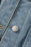 Голубая повседневная однотонная джинсовая куртка в стиле пэчворк с отложным воротником и длинными рукавами