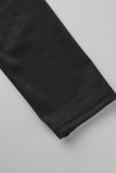 ブラック カジュアル プリント ベーシック スクエアカラー 長袖 ツーピース