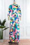 Multicolor Sweet Print Patchwork V Neck Waist Skirt Dresses