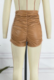 Khaki Street Solid Fold Skinny Lápiz de cintura alta Pantalones de color sólido